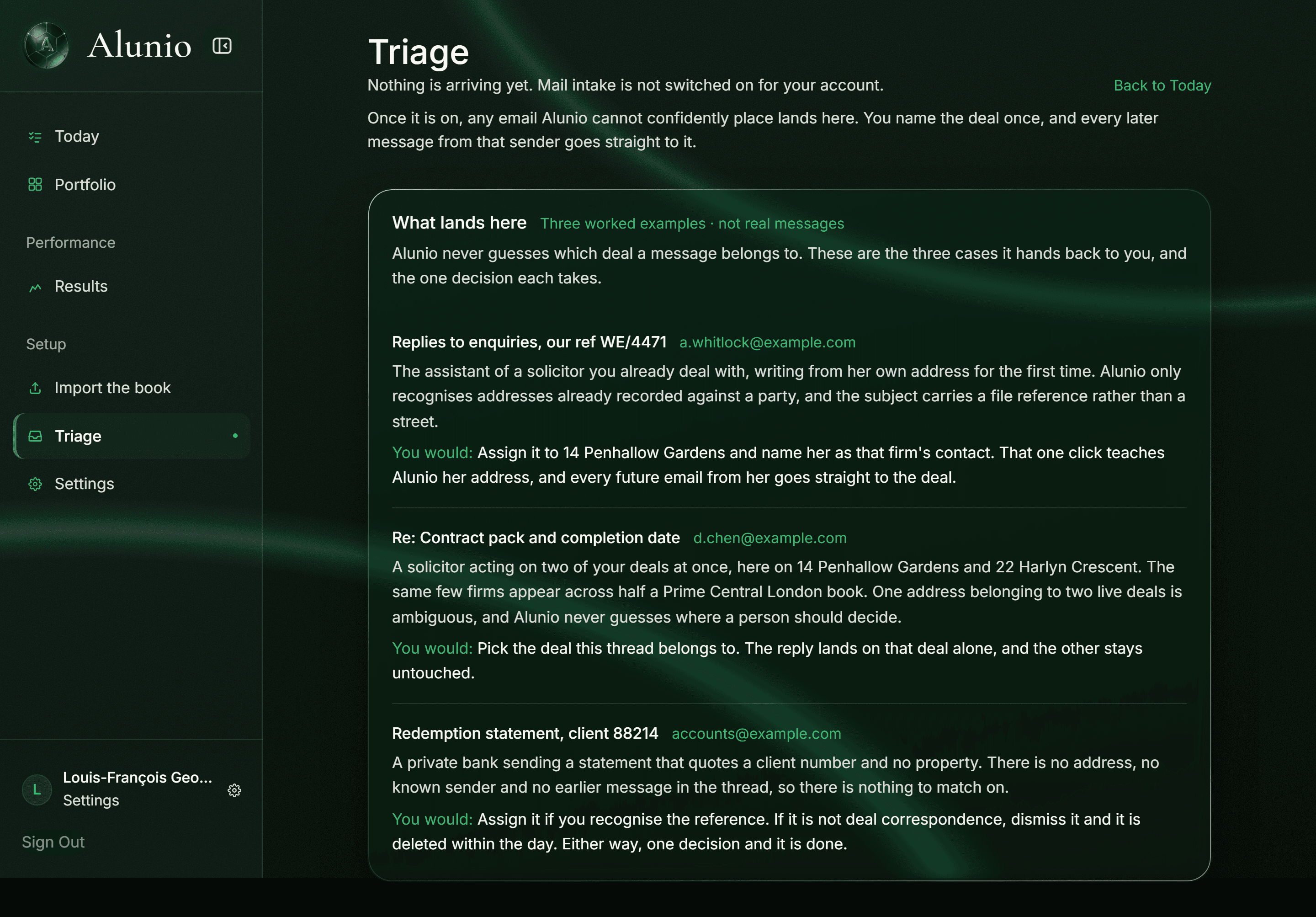 The triage inbox for agency-wide email intake, with the 24 hour deletion promise stated